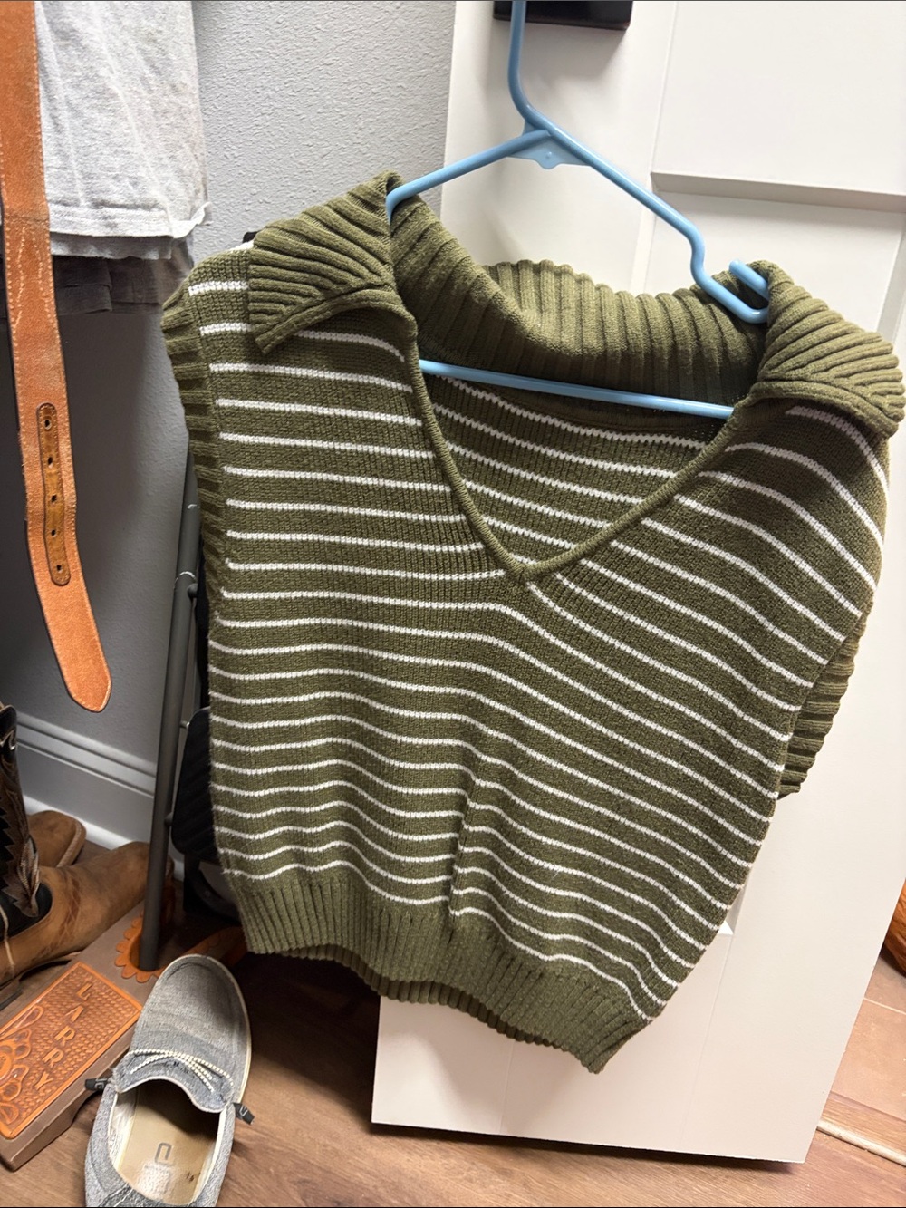 Amazon Olive Green & White Striped Knit Sweater Vest